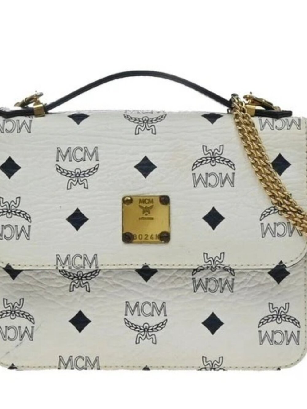 MCM Visetos Pattern Chain 2Way Mini Shoulder Hand Bag Leather White Blue 04EG426